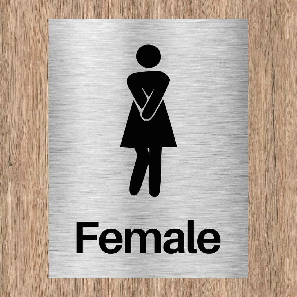 Female Toilet Comic Sign in Brushed Silver - The Sign Shed