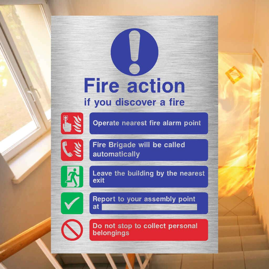 Fire Action 5 Point Sign in Brushed Silver - The Sign Shed