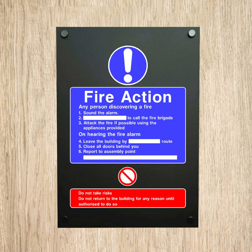 Fire Action 6 Point Midnight Black Sign - The Sign Shed