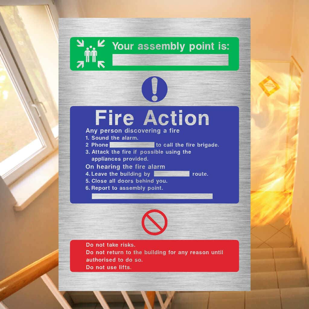 Fire Action And Assembly Point Sign in Brushed Silver - The Sign Shed