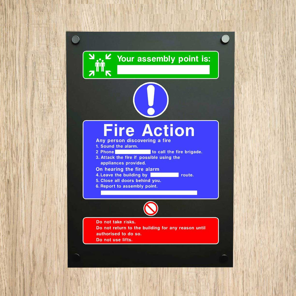 Fire Action Fire Assembly Point Midnight Black Sign - The Sign Shed