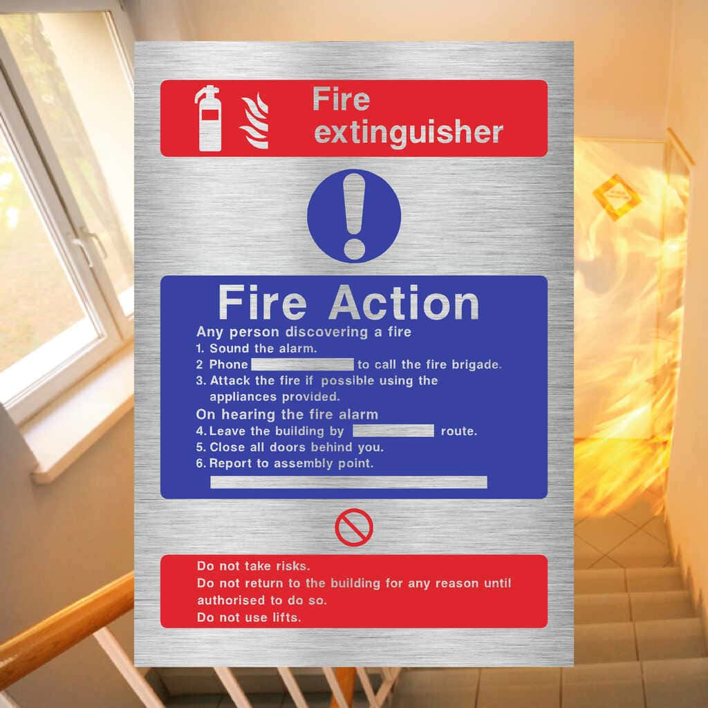 Fire Action Fire Extinguisher Sign in Brushed Silver - The Sign Shed