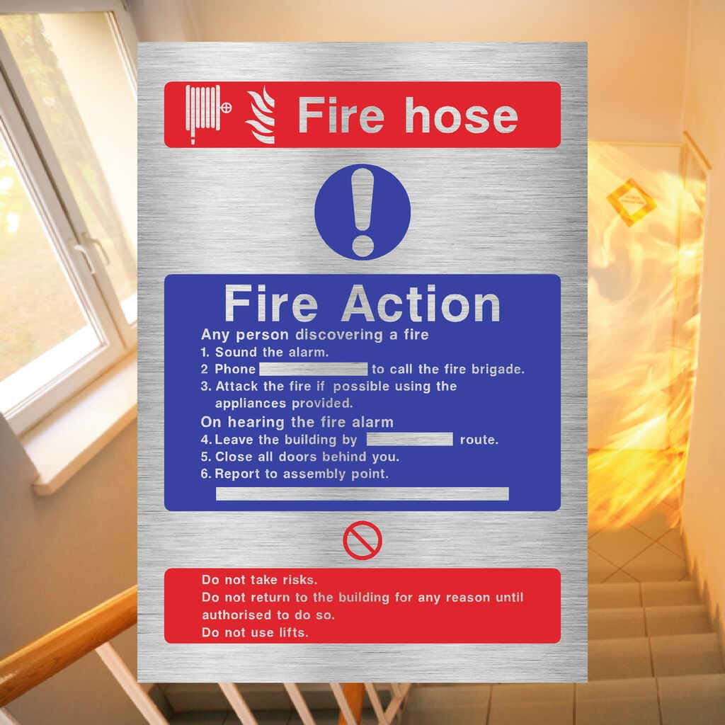 Fire Action Fire Hose Sign in Brushed Silver - The Sign Shed