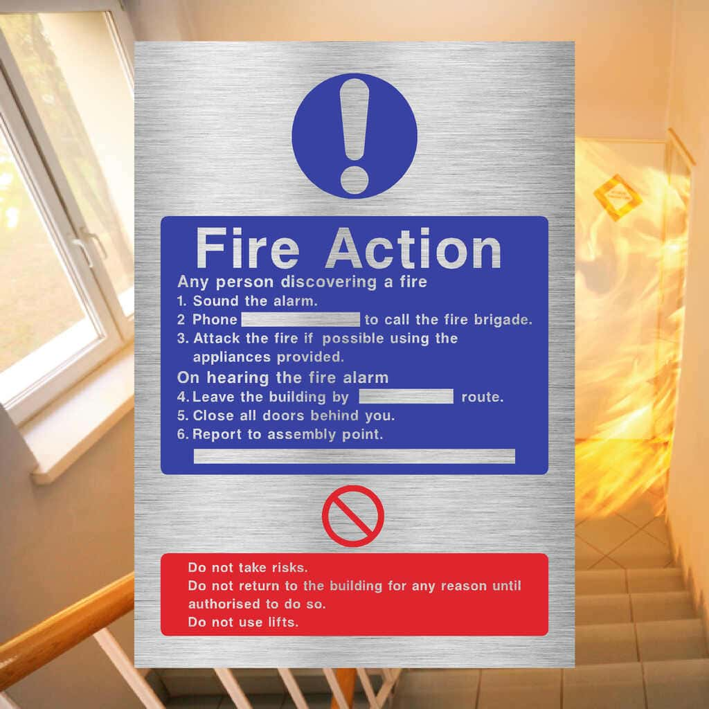 Fire Action Fire Sign in Brushed Silver - The Sign Shed