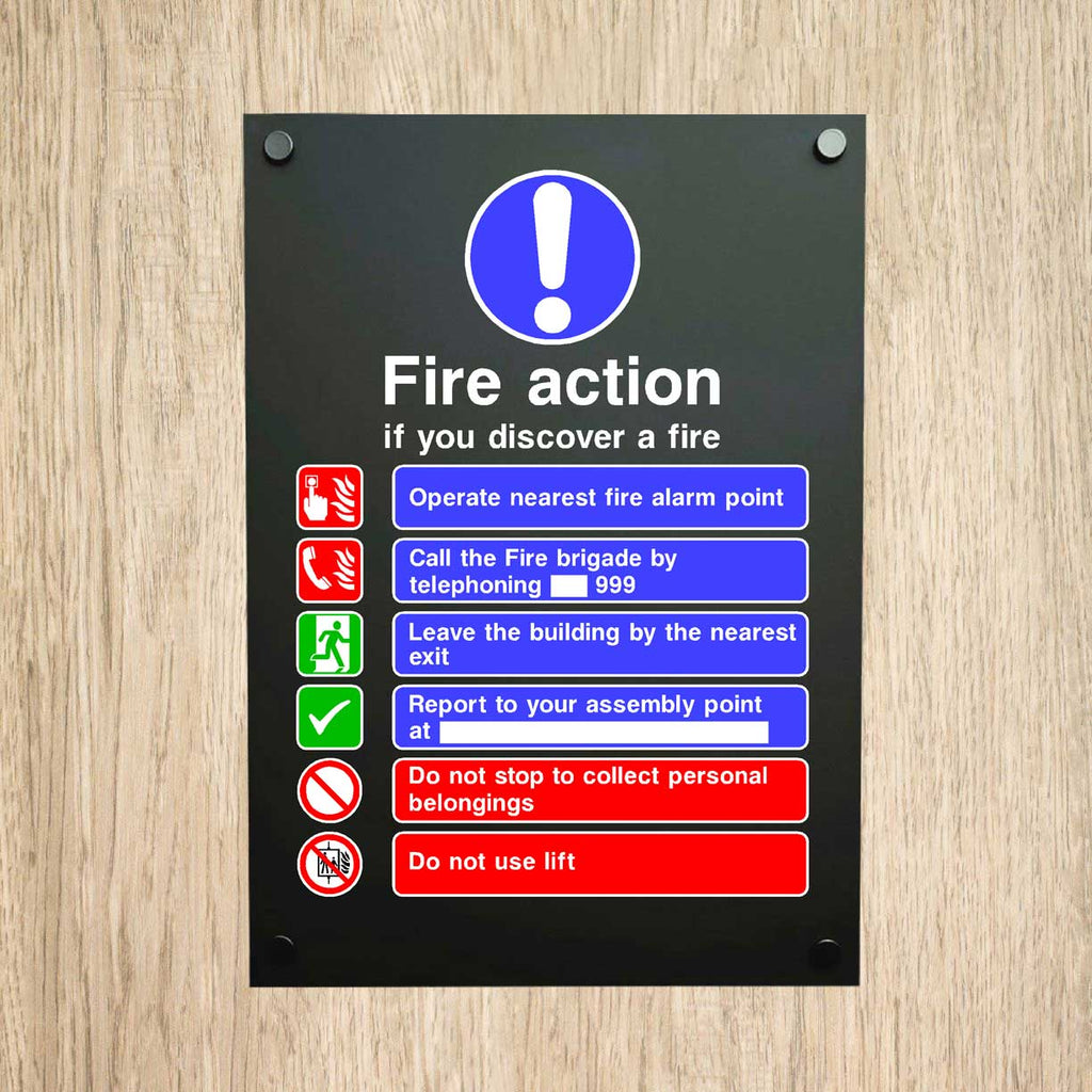 Fire Action If You Discover A Fire 6 Point 999 Midnight Black Sign - The Sign Shed