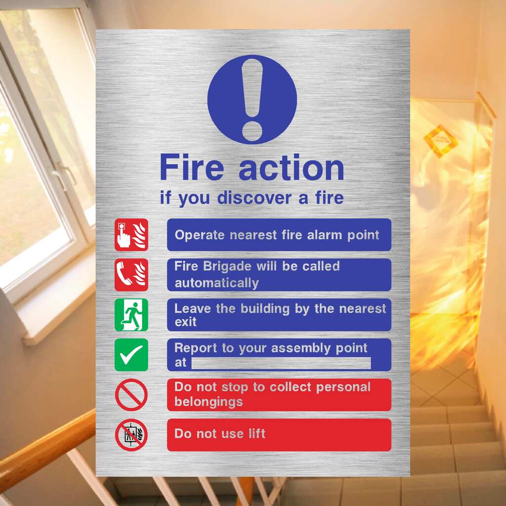 Fire Action If You Discover A Fire 6 Point Sign in Brushed Silver - The Sign Shed