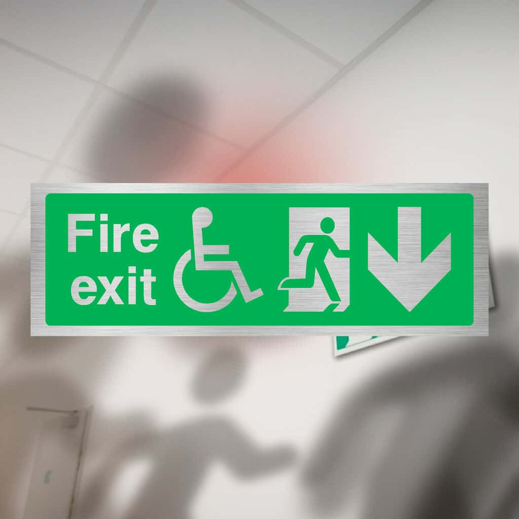 Fire Exit Disabled Down Arrow Brushed Silver Sign - The Sign Shed