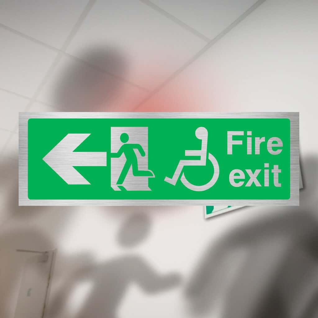 Fire Exit Disabled Left Arrow Brushed Silver Sign - The Sign Shed