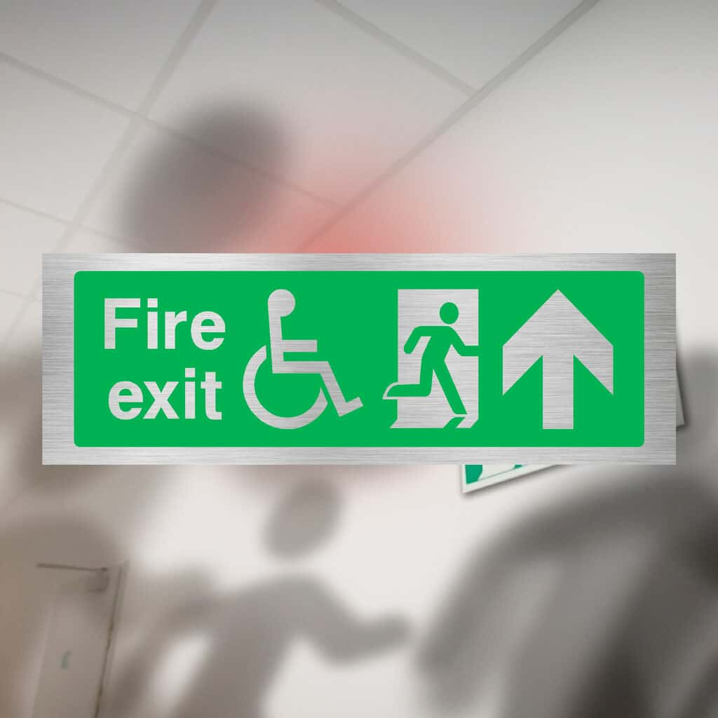 Fire Exit Disabled Up Arrow Brushed Silver Sign - The Sign Shed