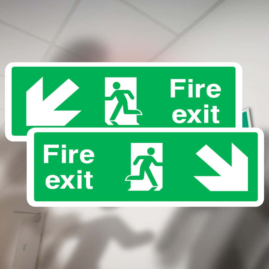 Fire Exit Double Sided Sign Down Left & Down Right Arrow - The Sign Shed