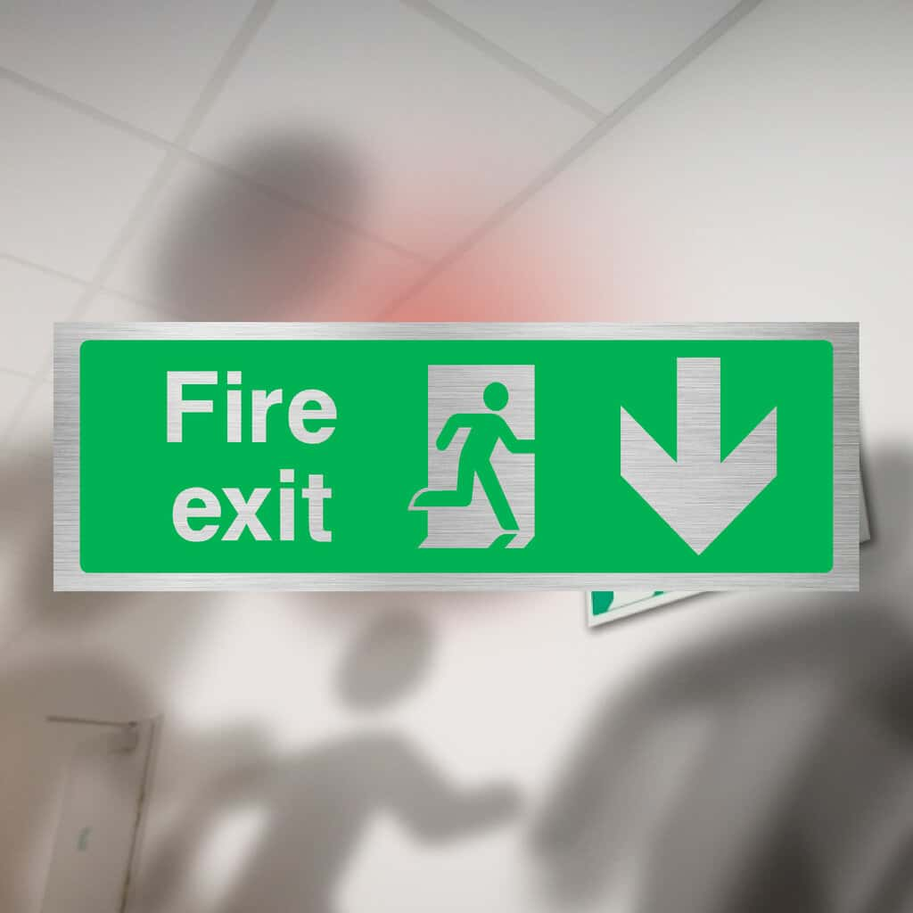 Fire Exit Down Arrow Brushed Silver Sign - The Sign Shed