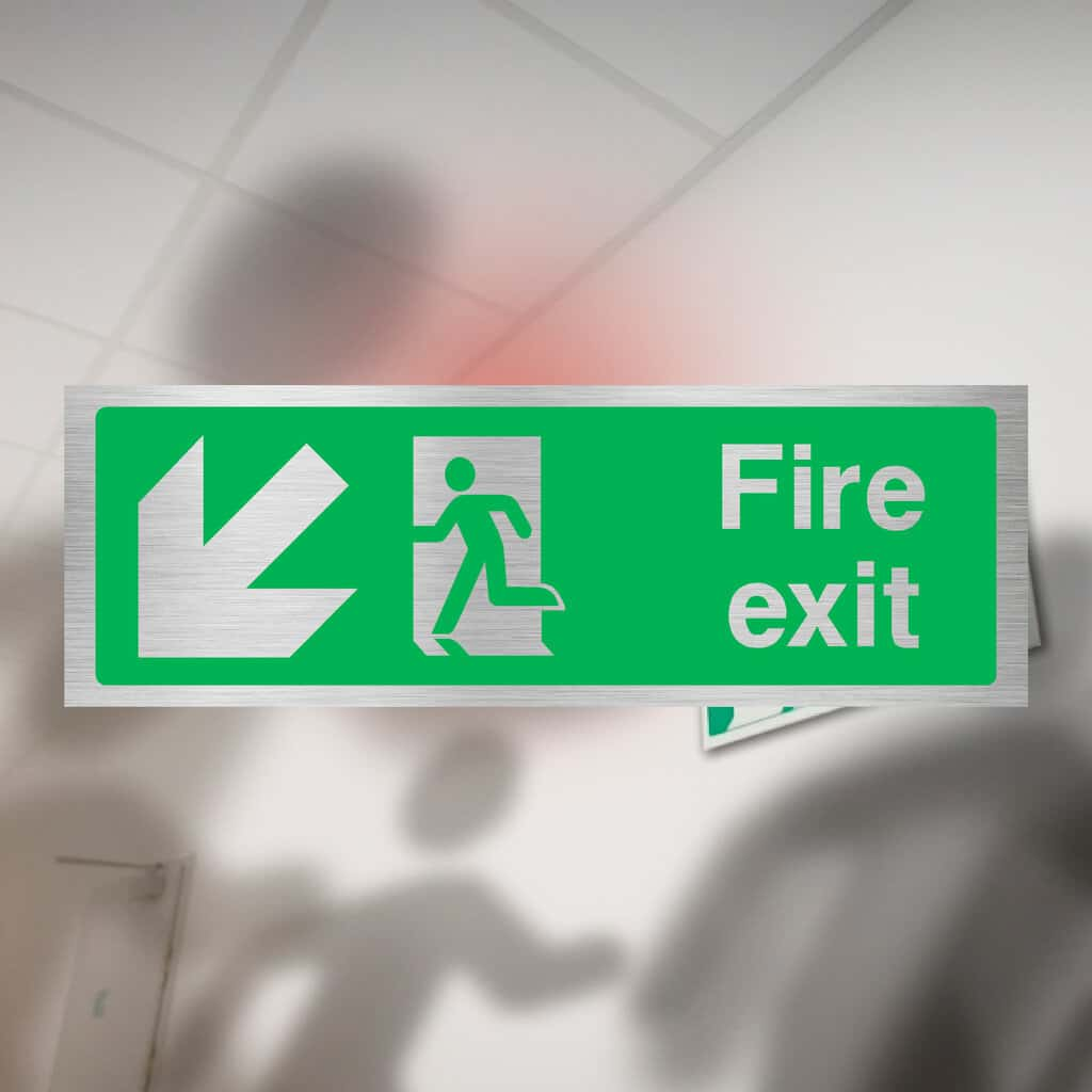 Fire Exit Down Left Arrow Brushed Silver Sign - The Sign Shed