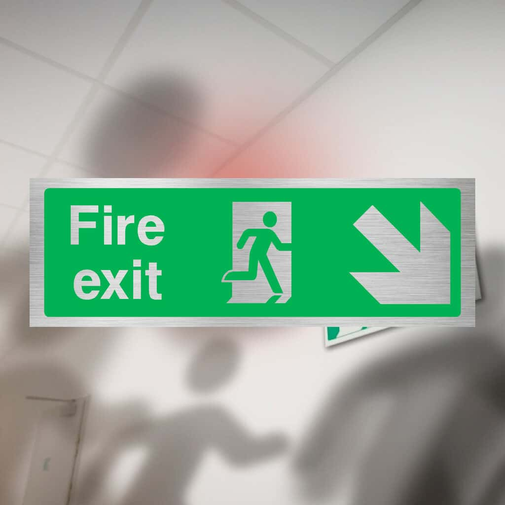 Fire Exit Down Right Arrow Brushed Silver Sign - The Sign Shed