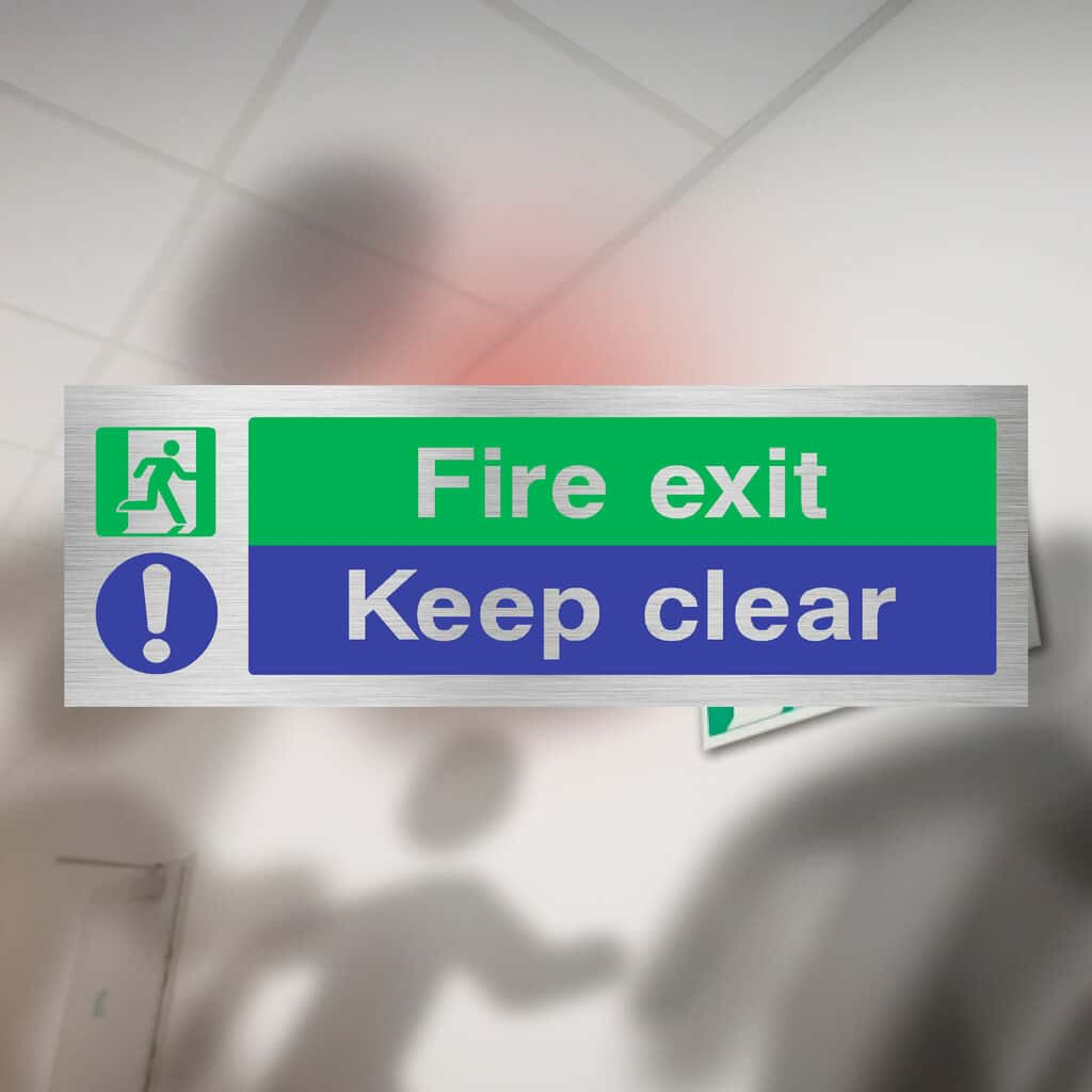 Fire Exit Keep Clear Brushed Silver Sign - The Sign Shed