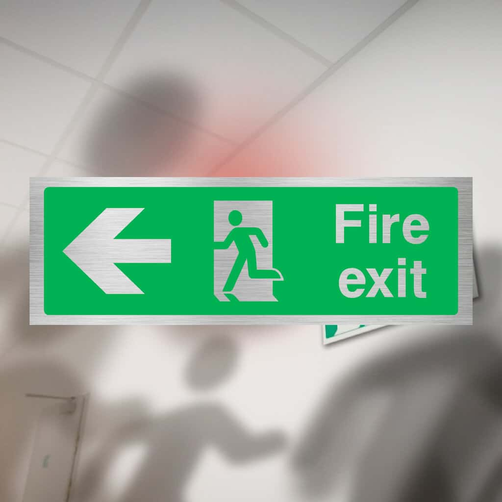 Fire Exit Left Arrow Brushed Silver Sign - The Sign Shed