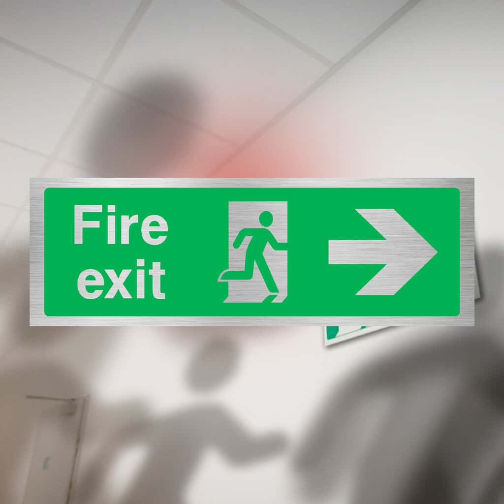 Fire Exit Right Arrow Brushed Silver Sign - The Sign Shed