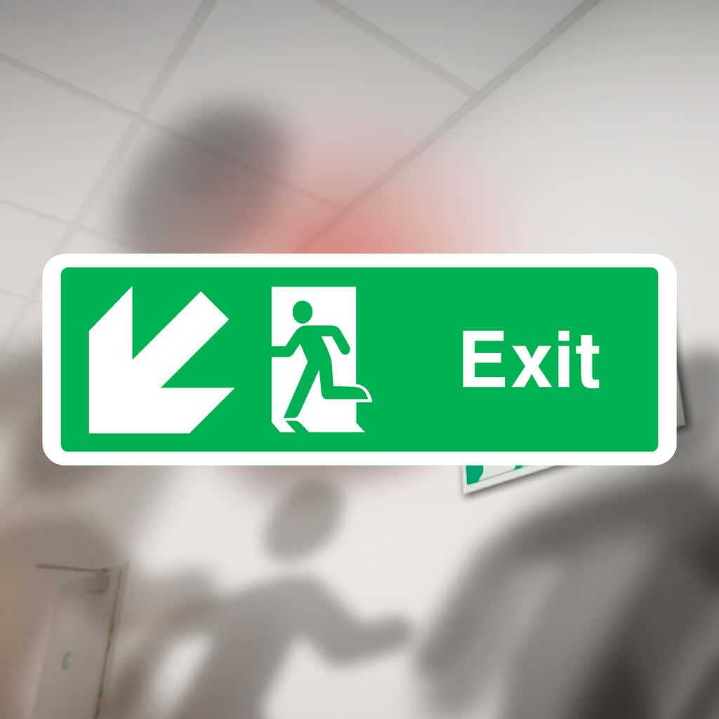 Fire Exit Sign Down Left Arrow - The Sign Shed