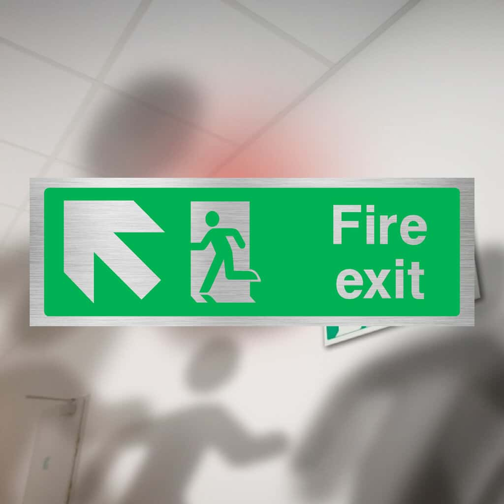 Fire Exit Up Left Arrow Brushed Silver Sign - The Sign Shed