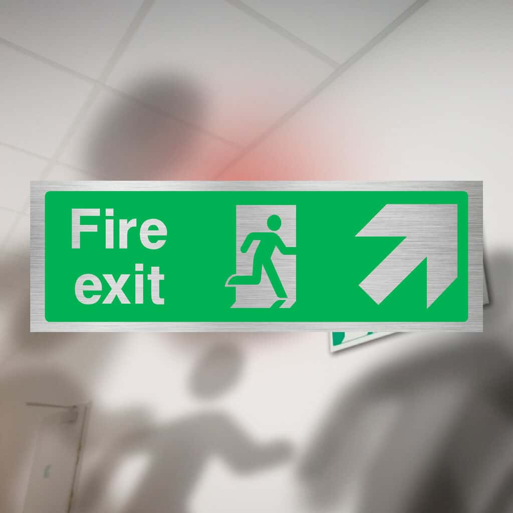 Fire Exit Up Right Arrow Brushed Silver Sign - The Sign Shed