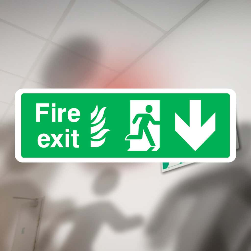 Fire Exit With Flames Sign Down Arrow - The Sign Shed