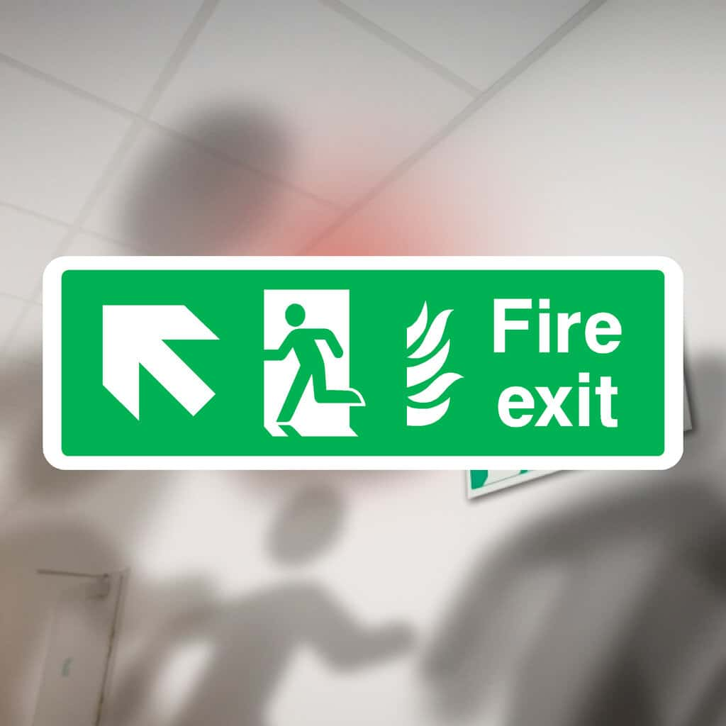 Fire Exit With Flames Sign Forward Left Arrow - The Sign Shed