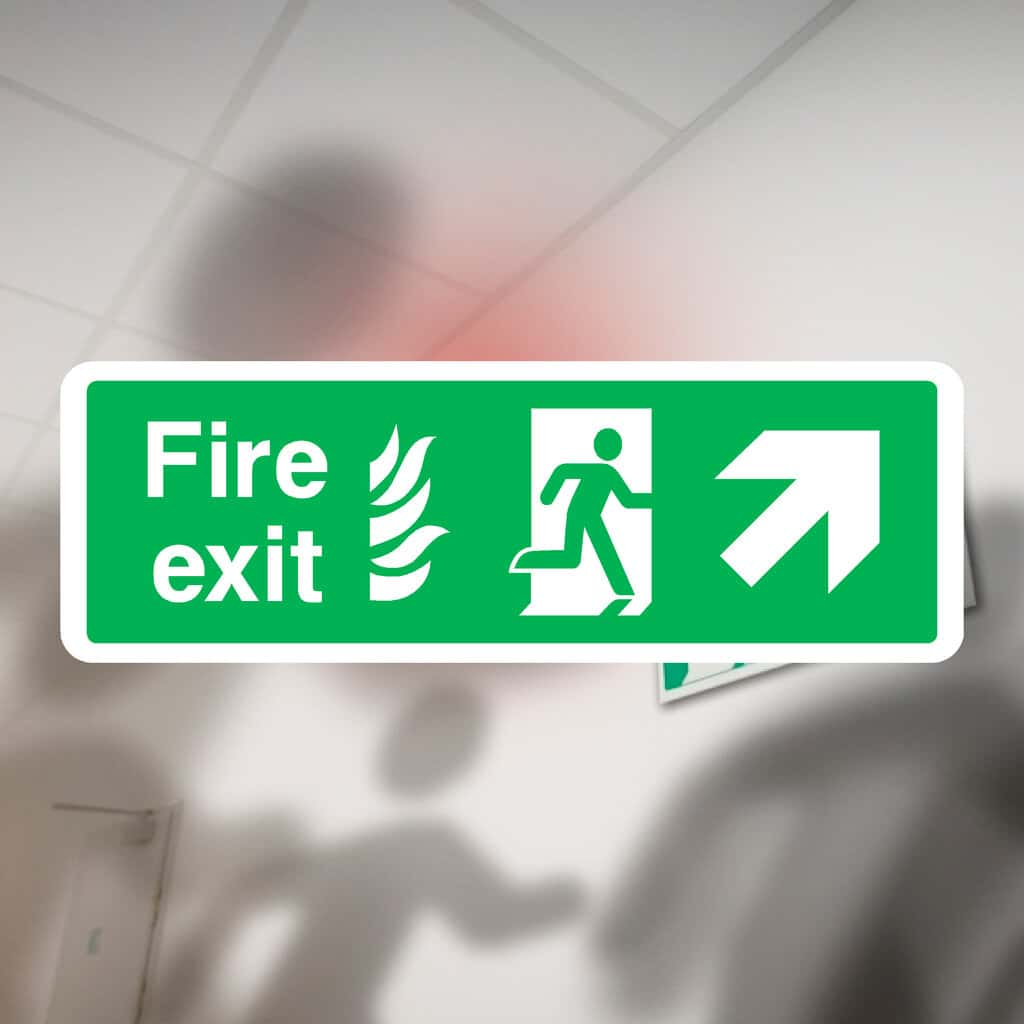 Fire Exit With Flames Sign Forward Right Arrow - The Sign Shed