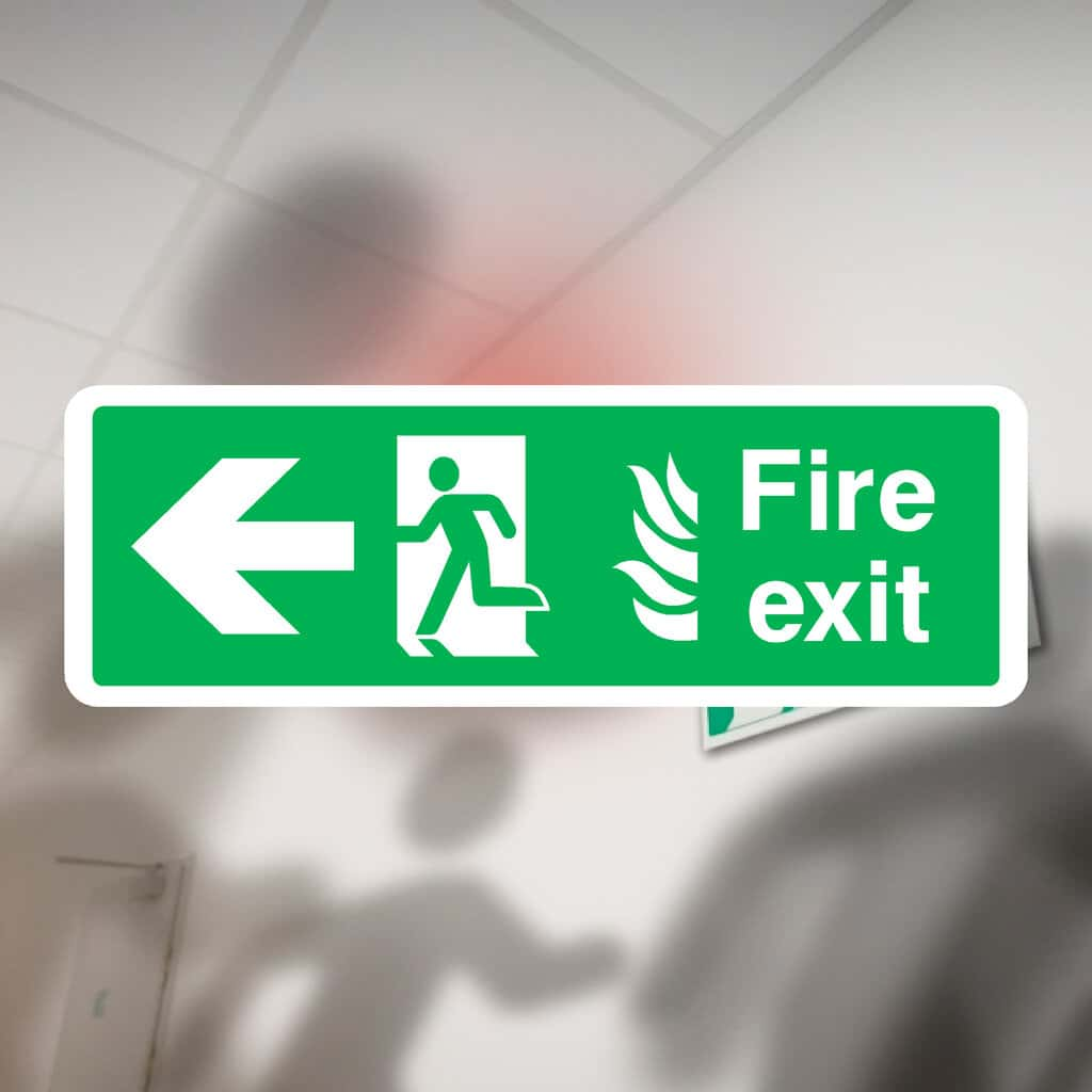 Fire Exit With Flames Sign Left Arrow - The Sign Shed