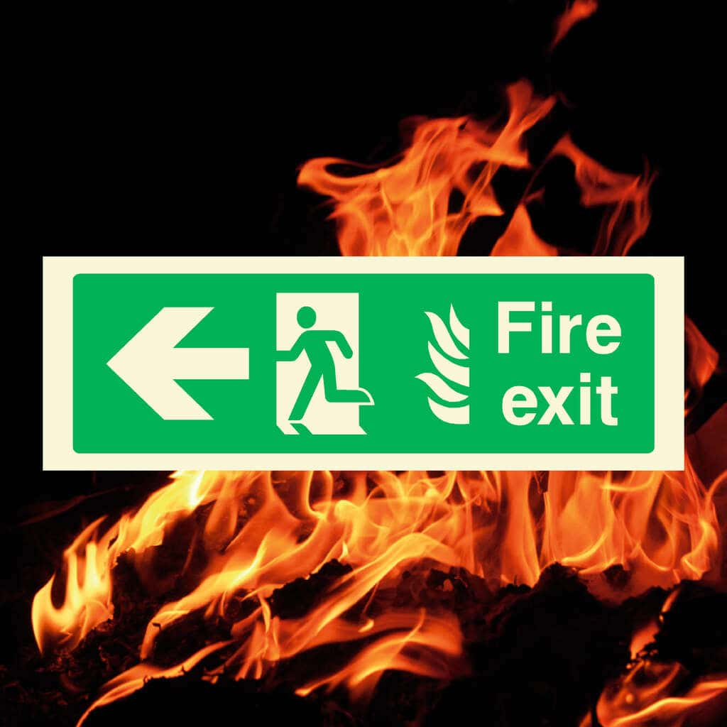 Fire Exit With Flames Sign Left Arrow - The Sign Shed