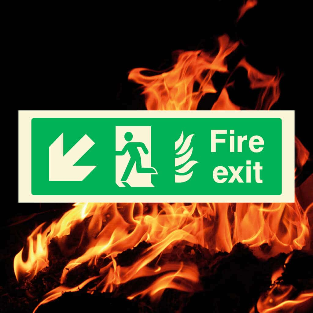 Fire Exit With Flames Sign Left Down Arrow - The Sign Shed