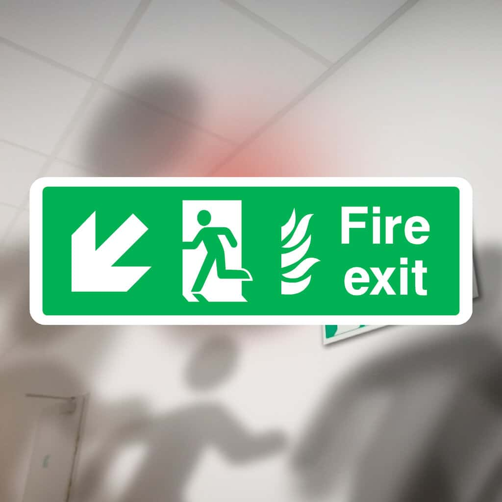 Fire Exit With Flames Sign Left Down Arrow - The Sign Shed