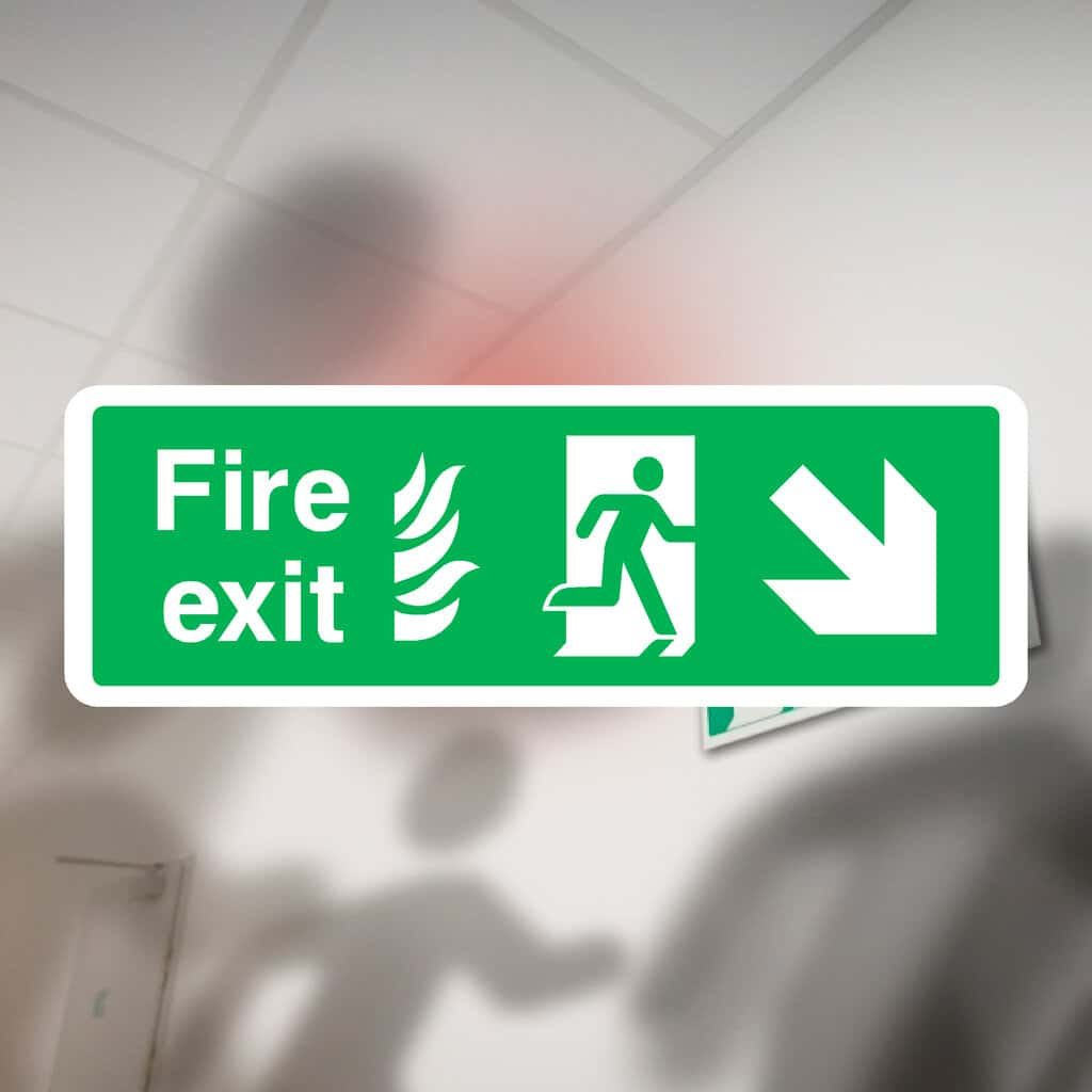 Fire Exit With Flames Sign Right Down Arrow - The Sign Shed