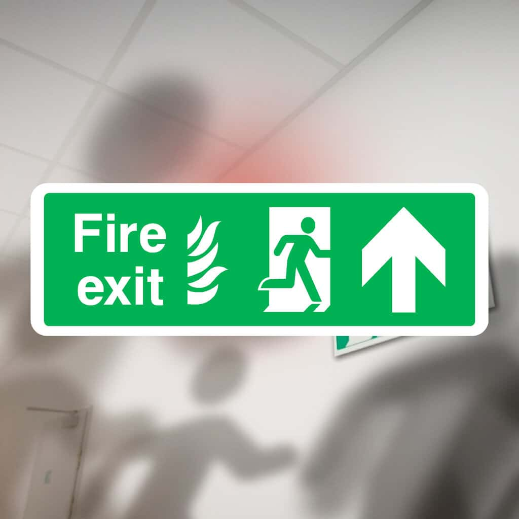 Fire Exit With Flames Sign Up Arrow - The Sign Shed