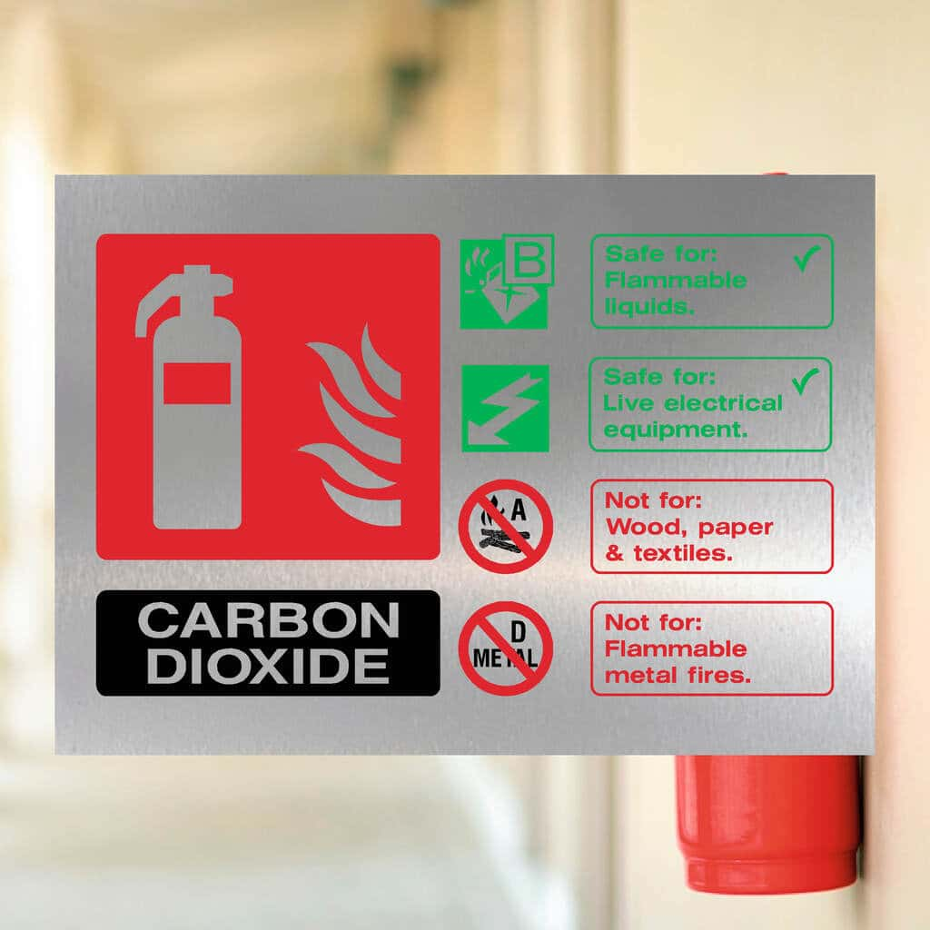 Fire Extinguisher Carbon Dioxide Sign in Brushed Silver - The Sign Shed