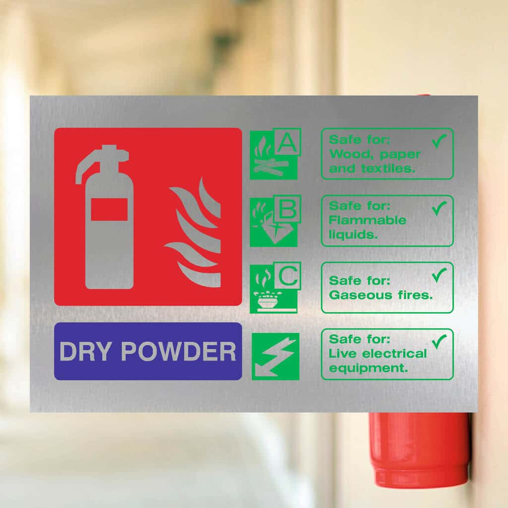 Fire Extinguisher Dry Powder Sign Landscape in Brushed Silver - The Sign Shed