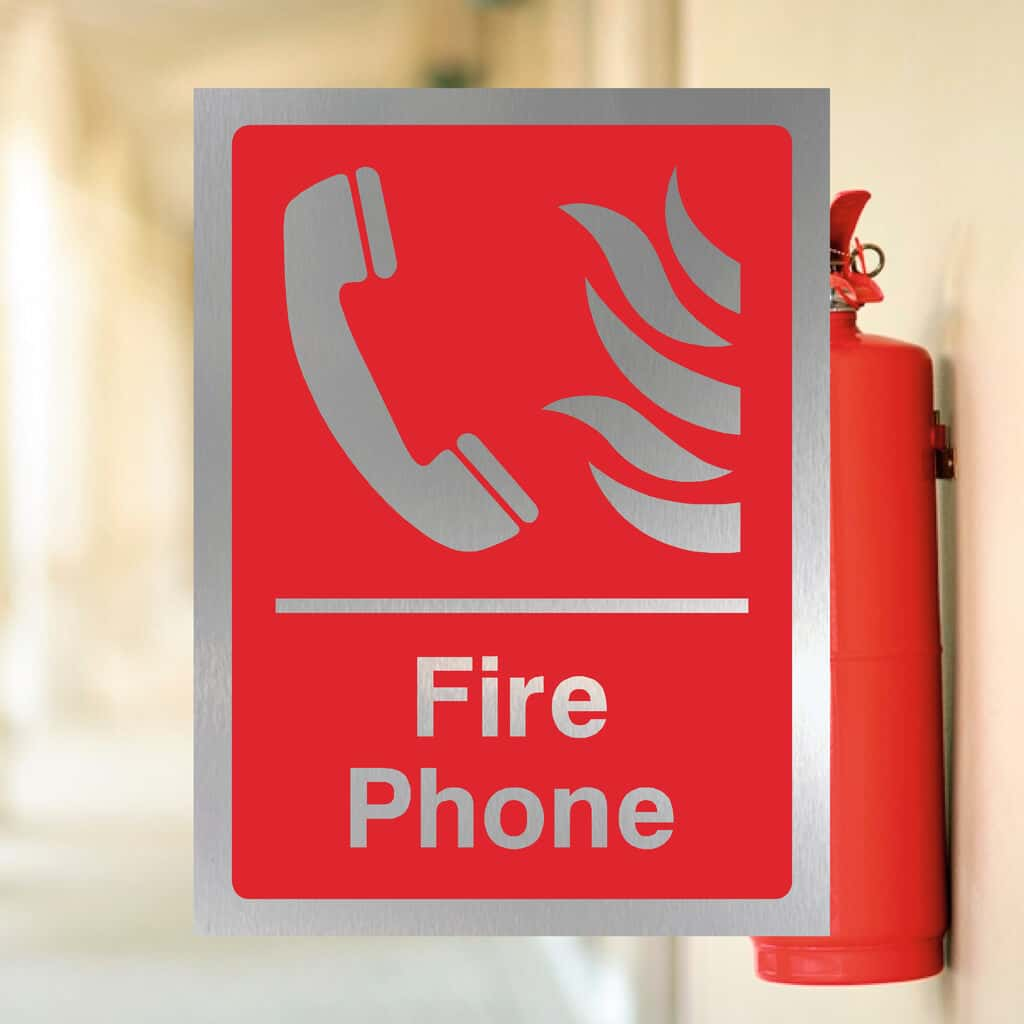 Fire Extinguisher Fire Phone Sign in Brushed Silver - The Sign Shed