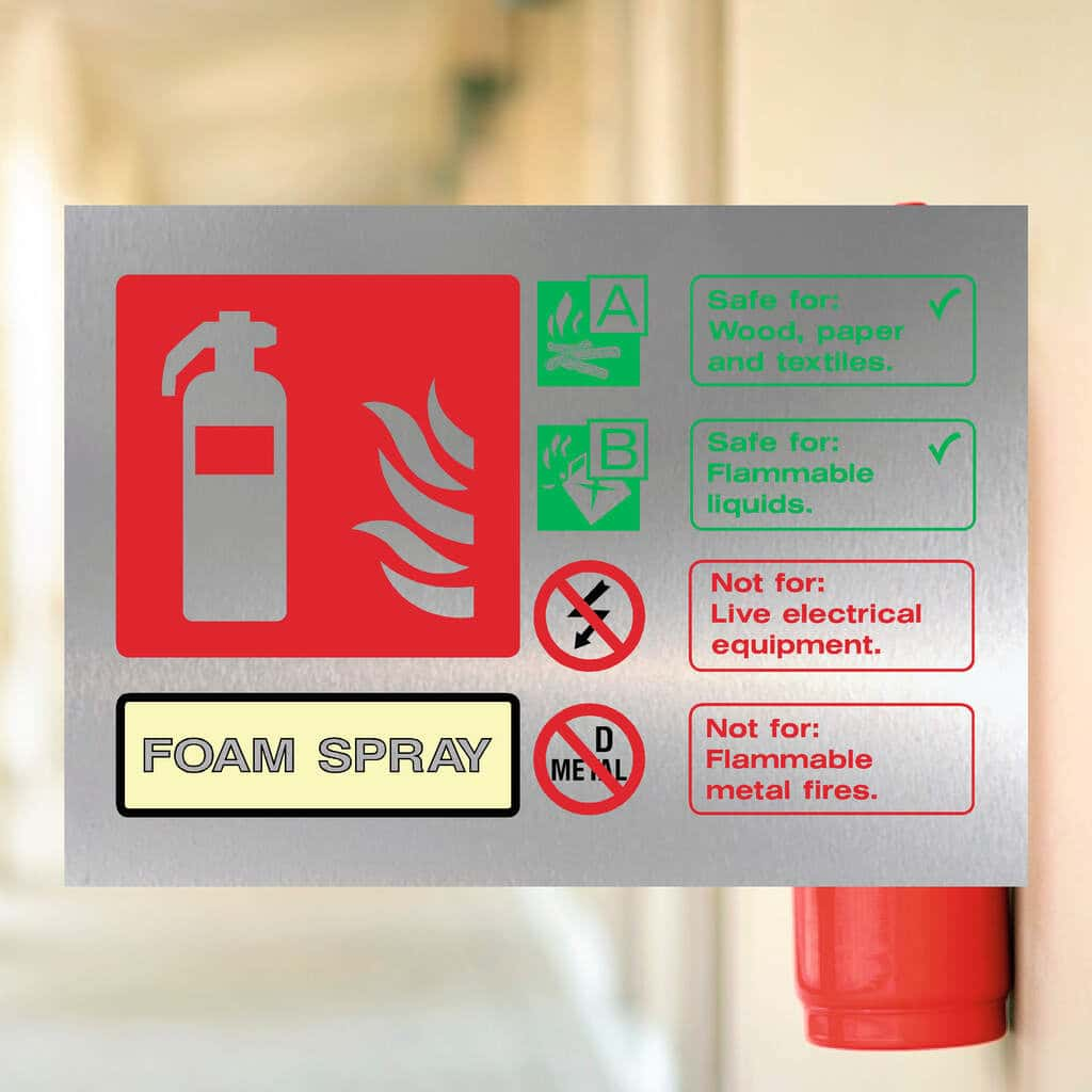 Fire Extinguisher Foam Spray Sign in Brushed Silver - The Sign Shed