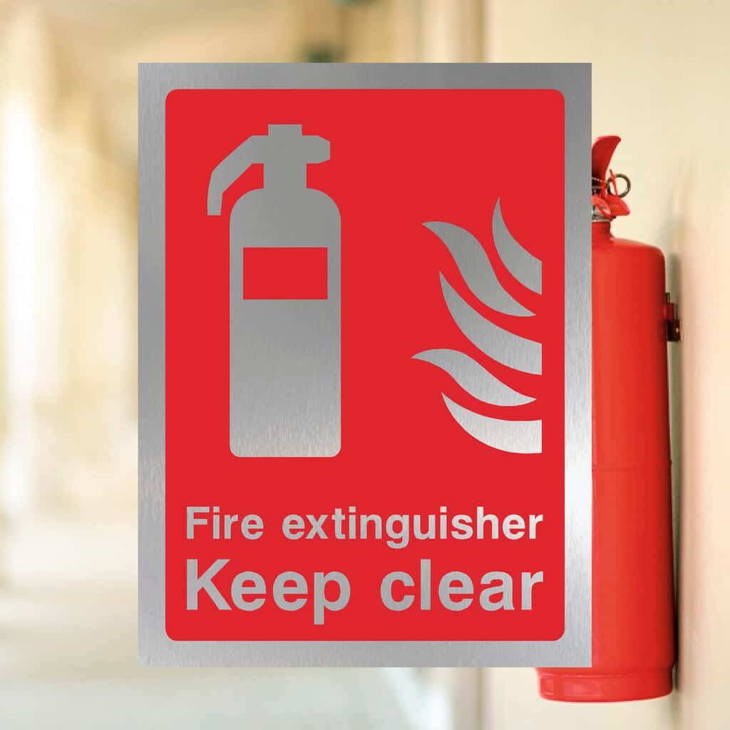 Fire Extinguisher Keep Clear Sign in Brushed Silver - The Sign Shed