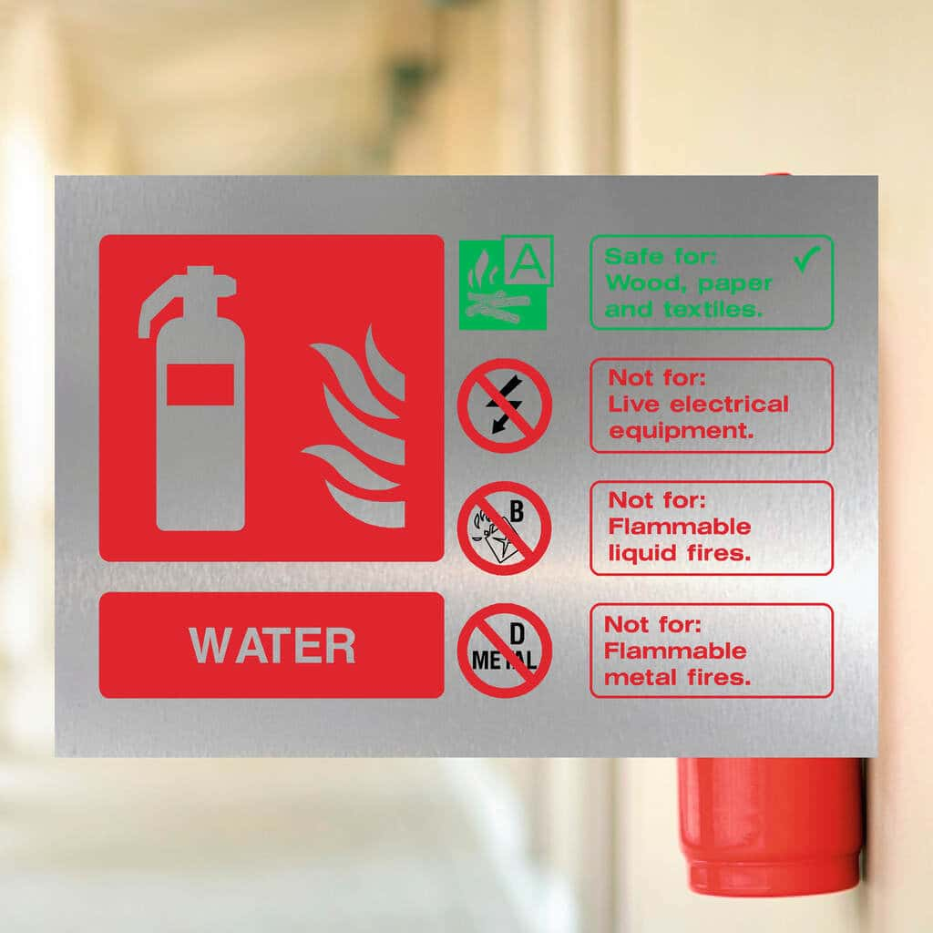 Fire Extinguisher Water Sign in Brushed Silver - The Sign Shed