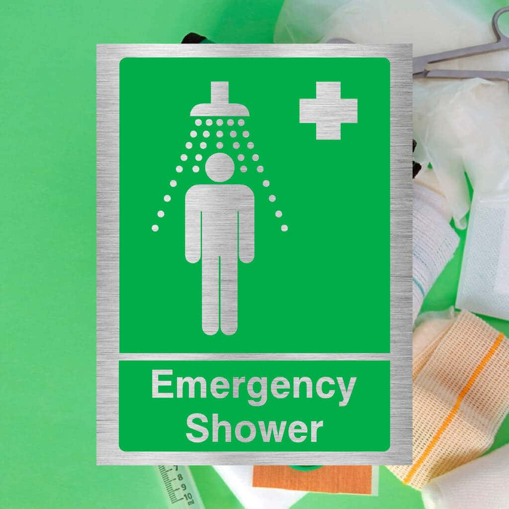 First Aid Emergency Shower Sign in Brushed Silver - The Sign Shed