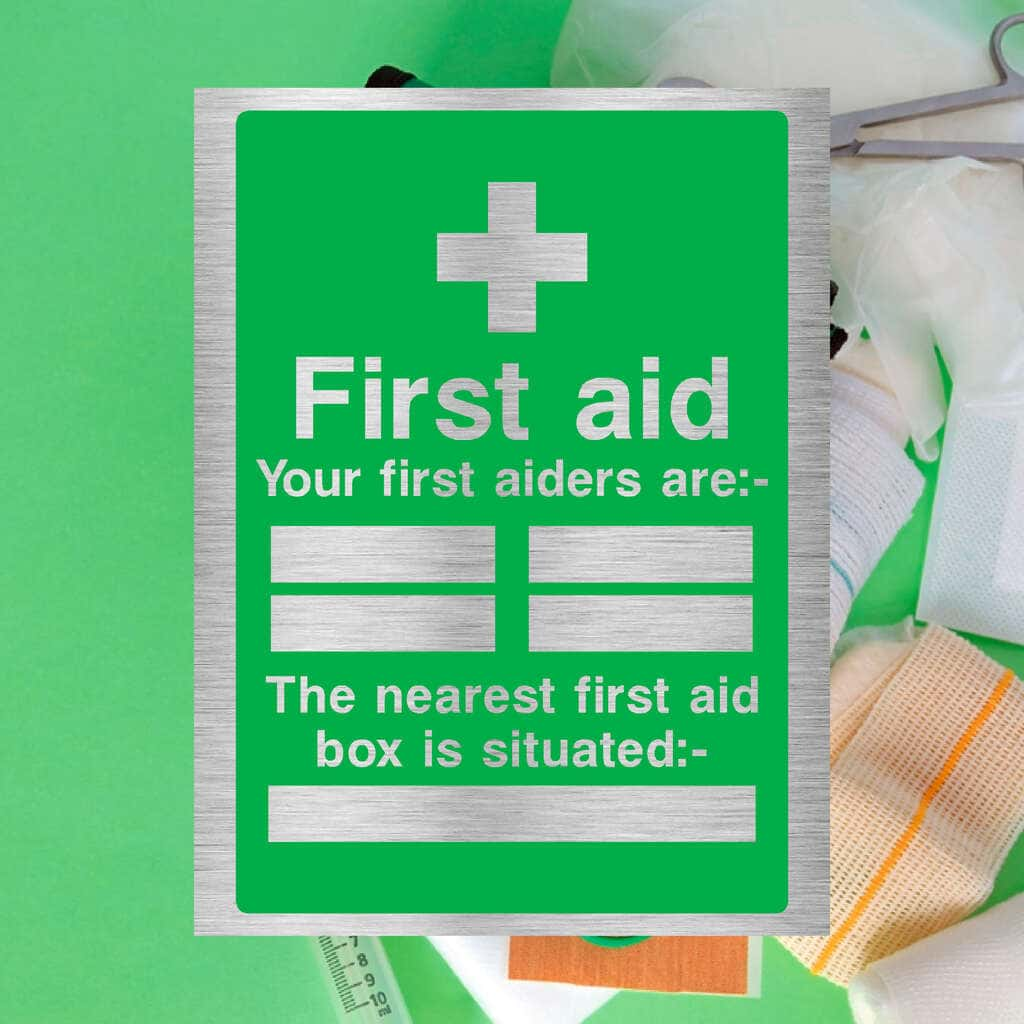 First Aiders First Aid Box Sign Brushed Silver - The Sign Shed