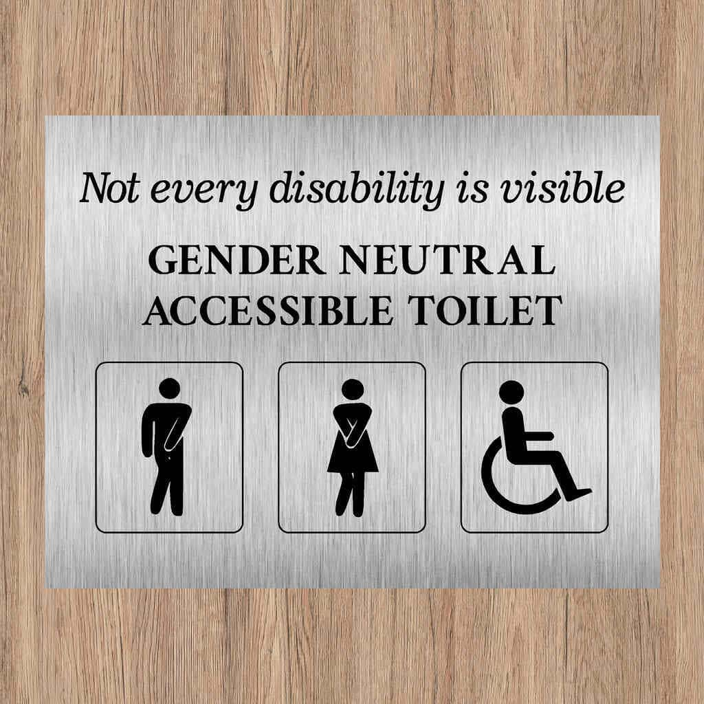 Gender Neutral Accessible Toilet Comic Landscape Sign Brushed Aluminium Silver - The Sign Shed