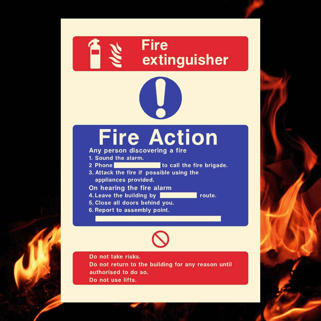 Glow In The Dark Fire Extinguisher Fire Action Sign - The Sign Shed