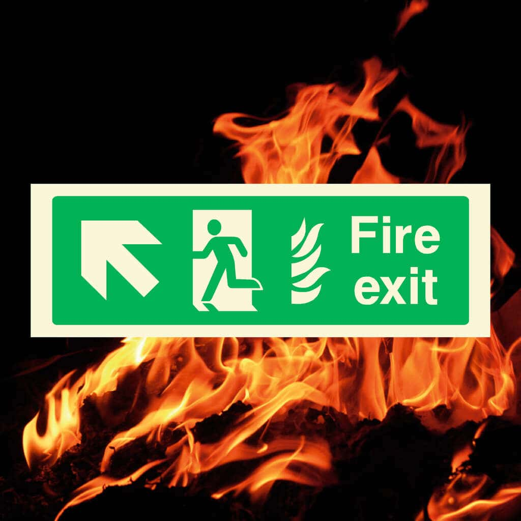 Glow In The Dark NHS Fire Exit Sign Forward Left Arrow - The Sign Shed