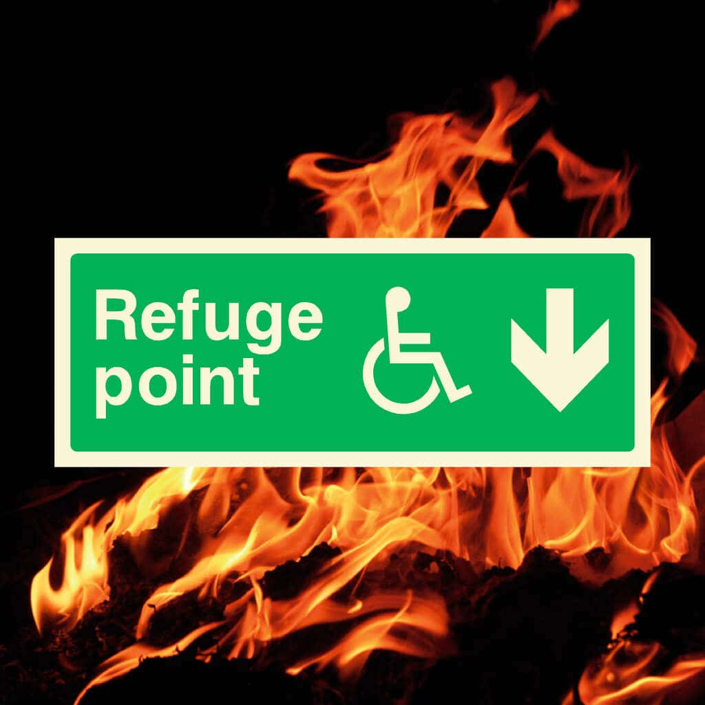 Glow In The Dark Refuge Fire Exit Sign Down Arrow - The Sign Shed