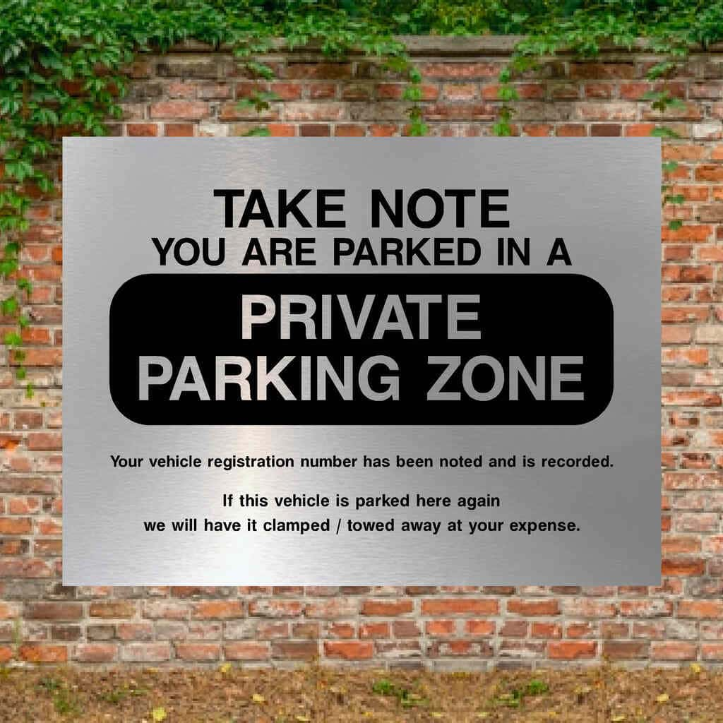 Private Parking Zone Sign in Brushed Silver - The Sign Shed