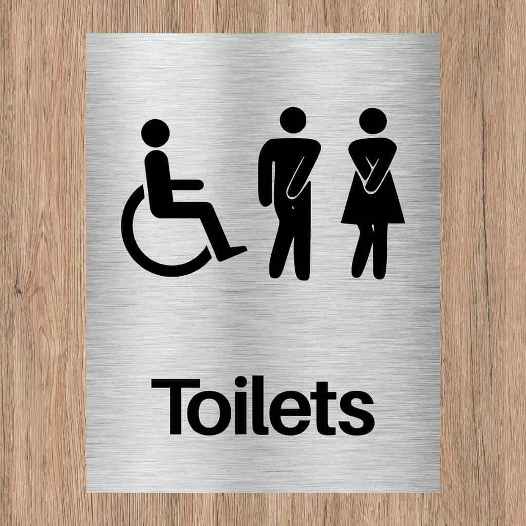 Unisex And Disabled Toilets Comic Sign in Brushed Silver - The Sign Shed